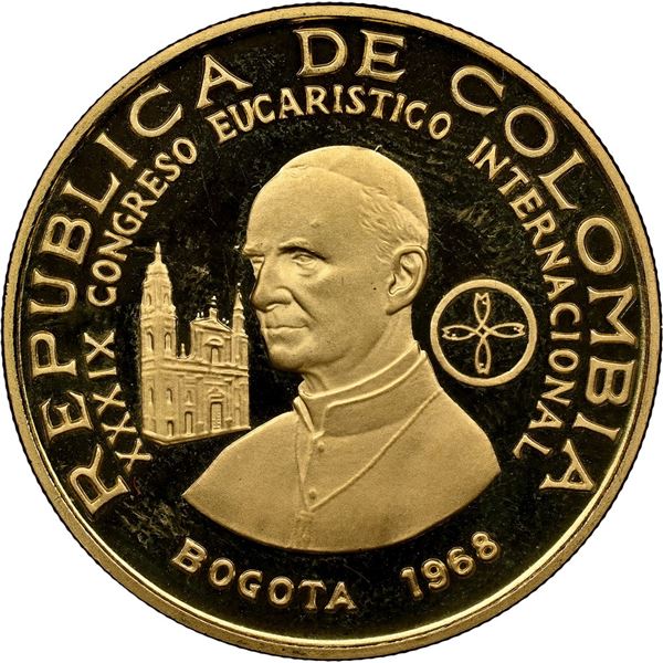 COLOMBIA, Bogotá, gold proof 300 pesos, 1968-B, Eucharistic Congress, NGC PF 68 Ultra Cameo (Colecci