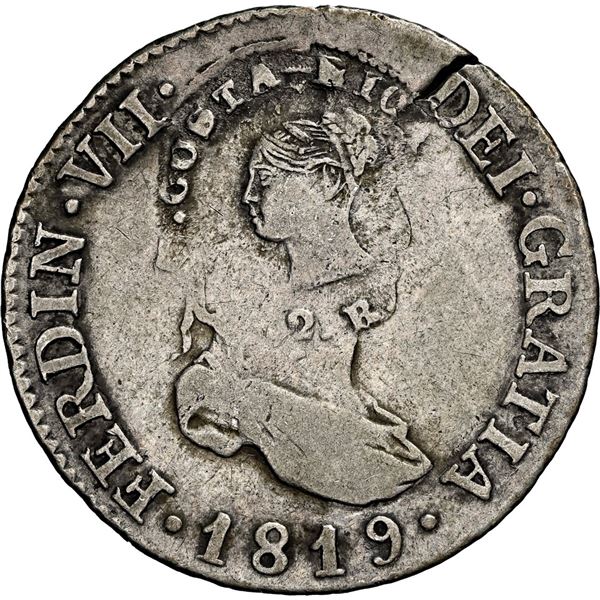 COSTA RICA, 2 reales, female head / ceiba tree counterstamp (Type III, 1845) on a Madrid, Spain, bus