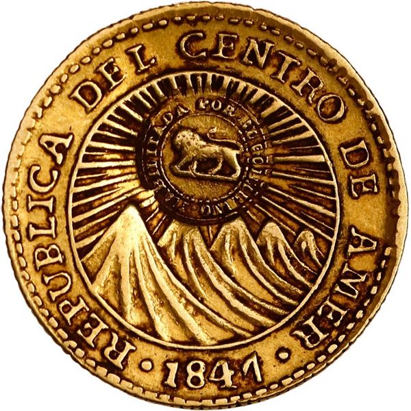 COSTA RICA, gold 1 escudo, double lion countermark (Type VI, 1849-57) on a Central American Republic