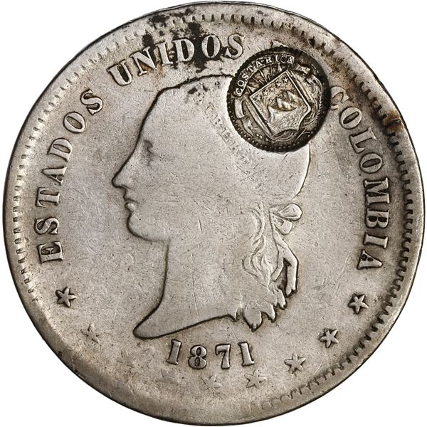 COSTA RICA, 50 centavos, "lion" double countermark (Type VII, 1889) on a Bogotá, Colombia, 50 centav