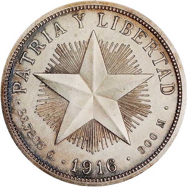 CUBA, struck at the Philadelphia mint, proof "star" peso, 1916, very rare, PCGS PR62.