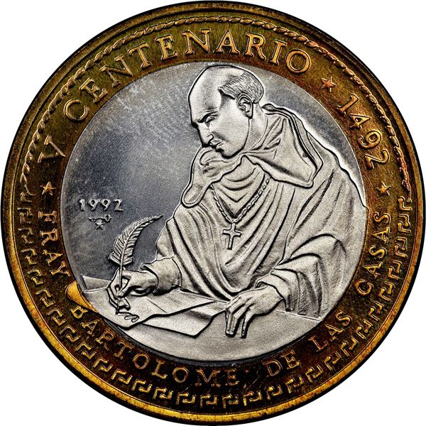 CUBA, Havana mint, bi-metallic uniface trial 1 peso, 1992, Bartolomé de las Casas, extremely rare, N