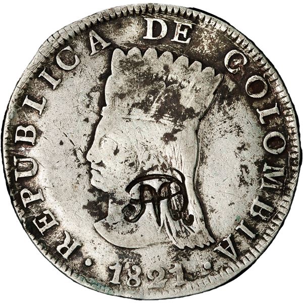 ECUADOR, Quito, 8 reales, MDQ countermark (1831) on a Bogotá, Colombia (Cundinamarca), 8 reales, 182
