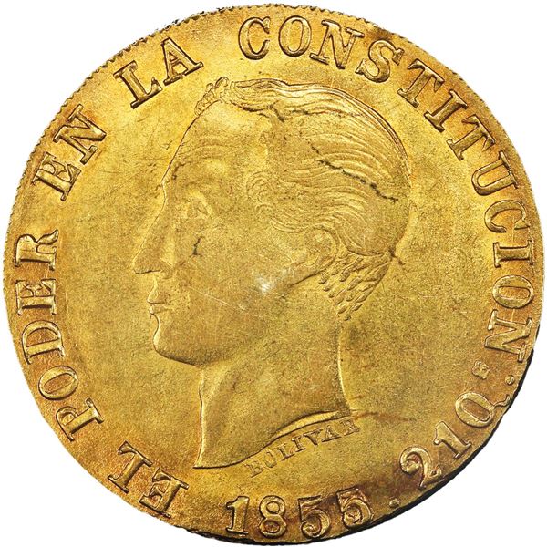 ECUADOR, Quito, gold 8 escudos, 1855/2 GJ, PCGS MS61, finest known in PCGS census.