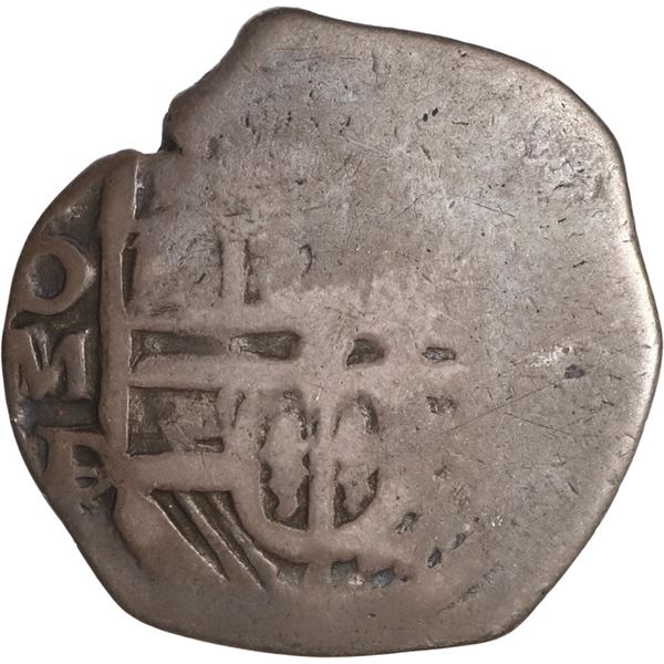 EL SALVADOR, 1 real, arms countermark (Type V, 1869) on a Mexico City, Mexico, cob 1 real, Philip II