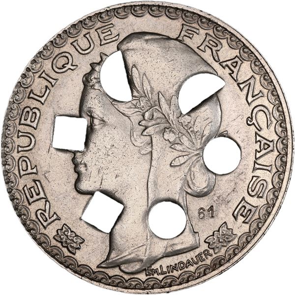 FRENCH INDOCHINA, struck in Paris, perforated trial strike 1 piastre, 1931, number 61 (stamped), ext