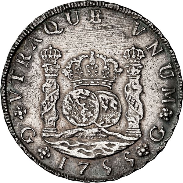 GUATEMALA, Guatemala City, pillar 8 reales, Ferdinand VI, 1755 J, large J, NGC AU details / cleaned,