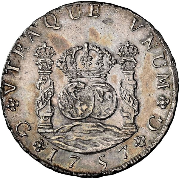 GUATEMALA, Guatemala City, pillar 8 reales, Ferdinand VI, 1757 J, NGC AU details / cleaned, ex-Brame