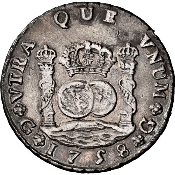 GUATEMALA, Guatemala City, pillar 8 reales, Ferdinand VI, 1758 J, no abaci below crowns atop pillars