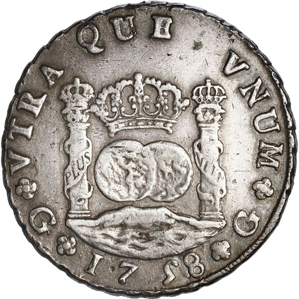 GUATEMALA, Guatemala City, pillar 8 reales, Ferdinand VI, 1758 J, no abaci below crowns atop pillars