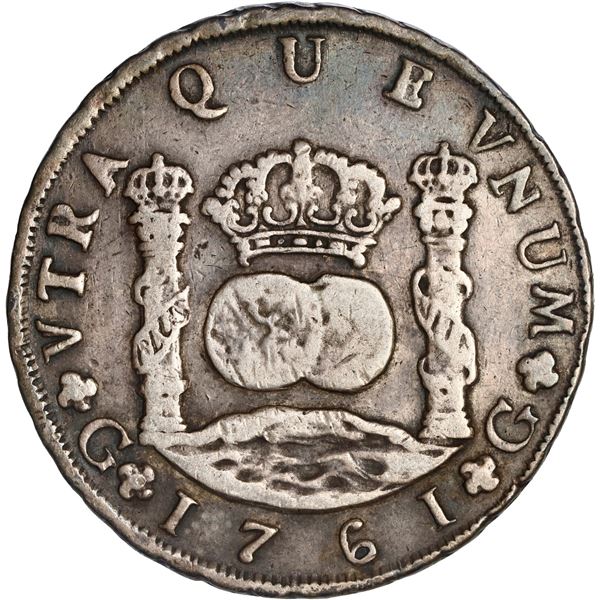 GUATEMALA, Guatemala City, pillar 8 reales, Charles III, 1761 P, with abacus below crown atop right