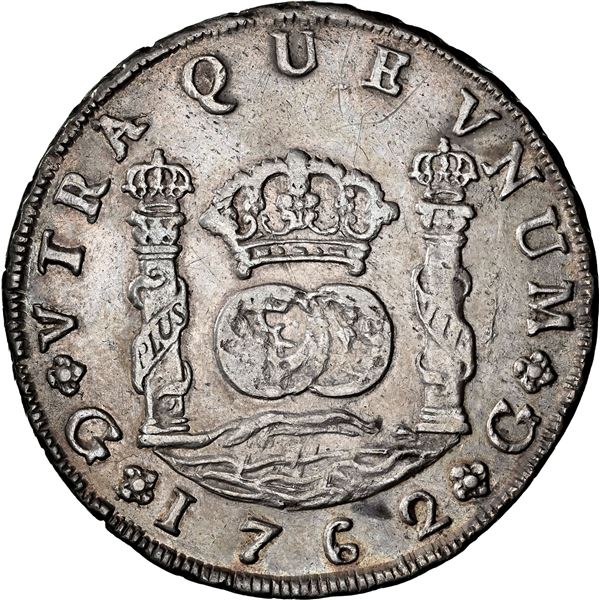 GUATEMALA, Guatemala City, pillar 8 reales, Charles III, 1762 P, with abacus below crown atop right