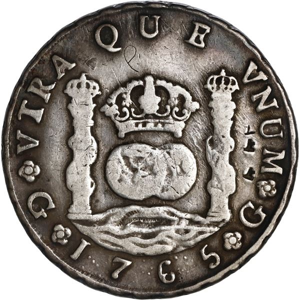 GUATEMALA, Guatemala City, pillar 8 reales, Charles III, 1765 P, rare, ex-Brameld.