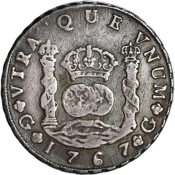 GUATEMALA, Guatemala City, pillar 8 reales, Charles III, 1767 P, ex-Brameld.
