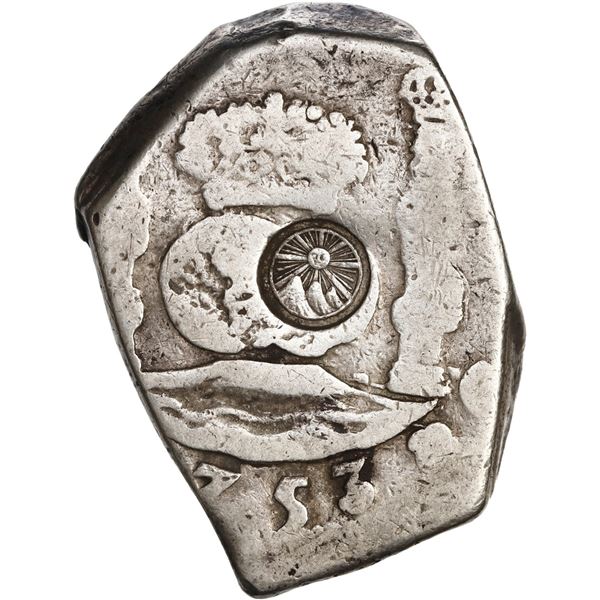 GUATEMALA, Guatemala City, 8 reales, sun-over-mountains countermark (Type II, 1839) on a Guatemala c