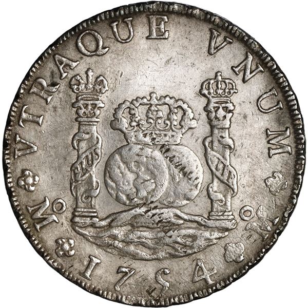 MEXICO, Mexico City, pillar 8 reales, Ferdinand VI, 1754 MF, dissimilar crowns, ex-Brameld.