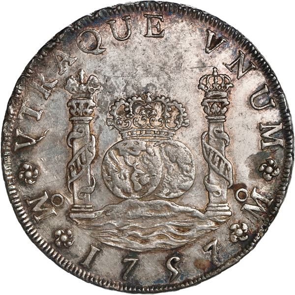 MEXICO, Mexico City, pillar 8 reales, Ferdinand VI, 1757 MM, closed wings in crown above left pillar
