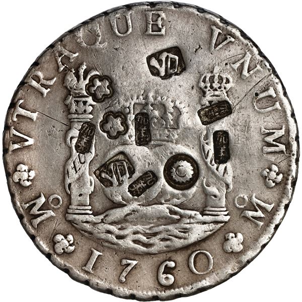 MEXICO, Mexico City, pillar 8 reales, Charles III, 1760 MM, with many clear Asian chopmarks, ex-Bram