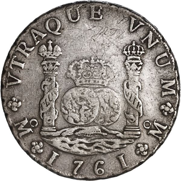 MEXICO, Mexico City, pillar 8 reales, Charles III, 1761 MM, cross below I, old globes with arc below
