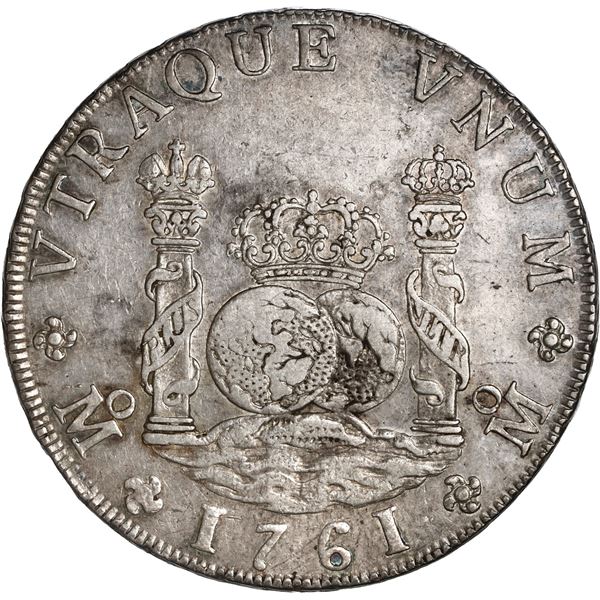 MEXICO, Mexico City, pillar 8 reales, Charles III, 1761 MM, cross between H and I, new globes with n