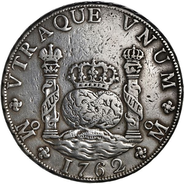 MEXICO, Mexico City, pillar 8 reales, Charles III, 1762 MF, rounded 6 over old 6, unique, ex-Brameld