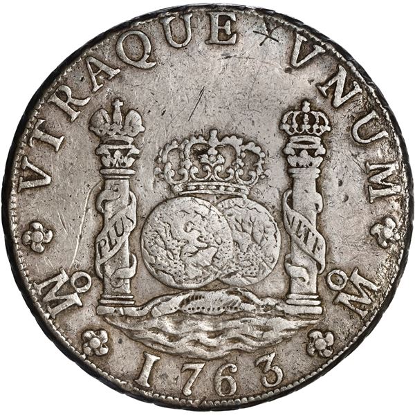 MEXICO, Mexico City, pillar 8 reales, Charles III, 1763 MM, rounded 6, ex-Brameld.
