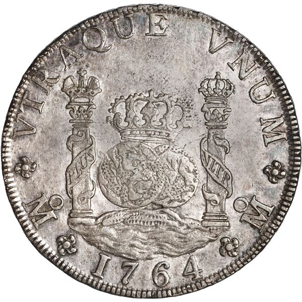MEXICO, Mexico City, pillar 8 reales, Charles III, 1764 MF, crown with lower arc above globes, ex-Br