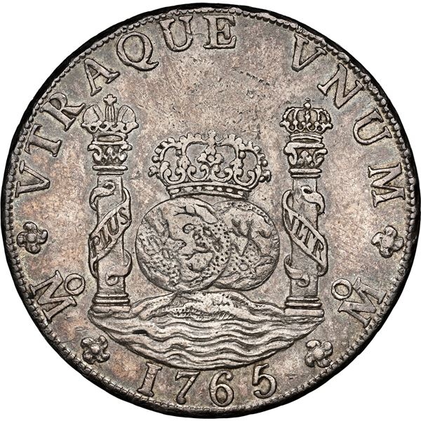 MEXICO, Mexico City, pillar 8 reales, Charles III, 1765 MF, NGC AU 55.