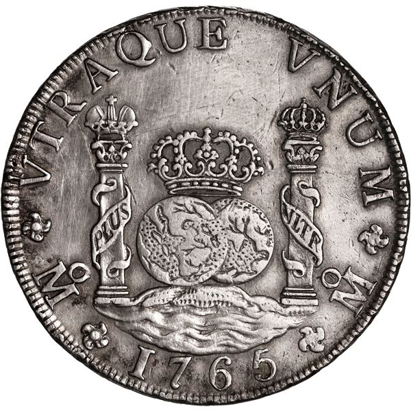 MEXICO, Mexico City, pillar 8 reales, Charles III, 1765 MF, crown with lower arc above globes, ex-Br