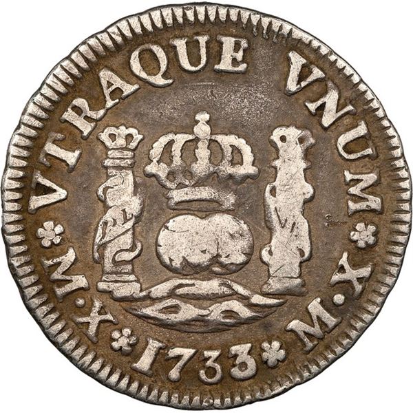 MEXICO, Mexico City, pillar ½ real, Philip V, 1733 MF, mintmark M•X, NGC F 12.