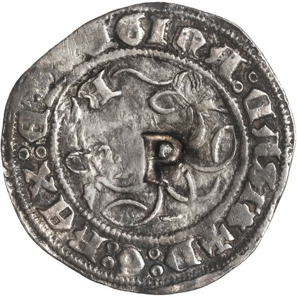 PANAMA, 1 real, incuse "P" countermark on a Burgos, Spain, ½ real, Ferdinand-Isabel, assayer scallop