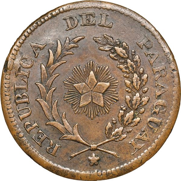 PARAGUAY, Asunción, copper 4 centésimos, 1870, NGC AU 55 BN.