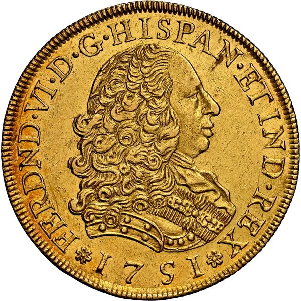 PERU, Lima, gold bust 8 escudos, Ferdinand VI, 1751 J, first bust, NGC MS 61, ex-Voetter, ex-Eliasbe