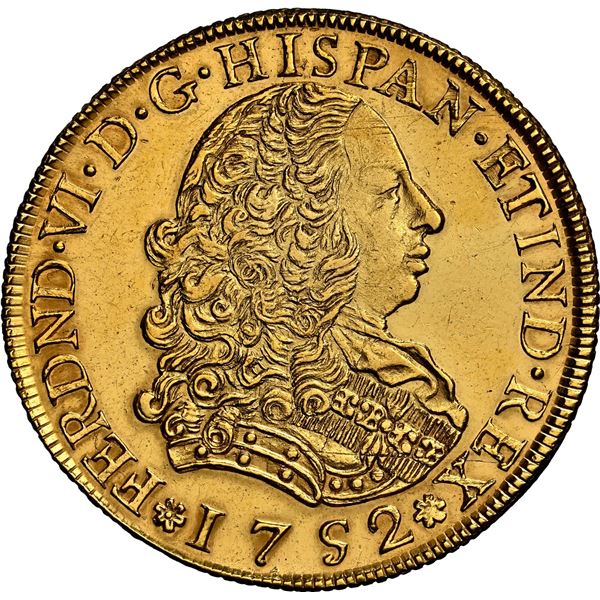 PERU, Lima, gold bust 8 escudos, Ferdinand VI, 1752 J, first bust, NGC UNC details / cleaned, ex-Alm