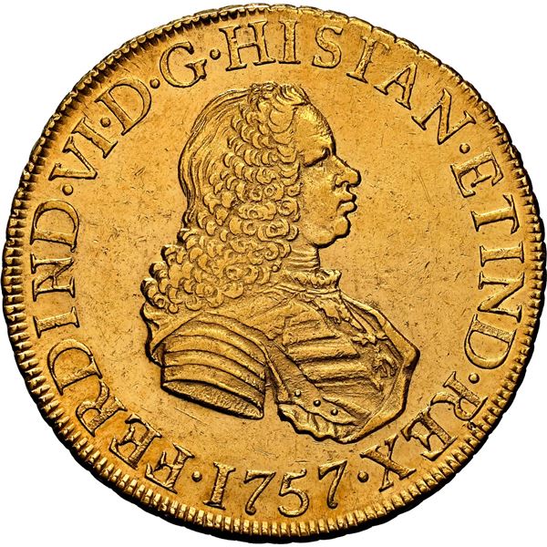 PERU, Lima, gold bust 8 escudos, Ferdinand VI, 1757 JM, second bust, NGC AU details / cleaned, ex-Al