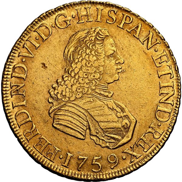 PERU, Lima, gold bust 8 escudos, Ferdinand VI, 1759 JM, second bust, NGC AU 55, ex-Almenara.