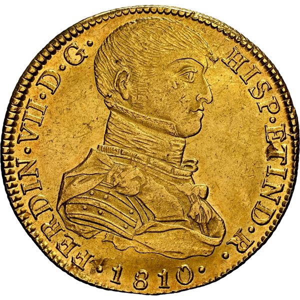 PERU, Lima, gold bust 8 escudos, Ferdinand VII transitional ("imaginary" bust), 1810 JP, NGC MS 61, 
