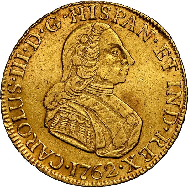 PERU, Lima, gold bust 4 escudos, Charles III, 1762 JM, first bust, very rare, NGC AU details / bent,