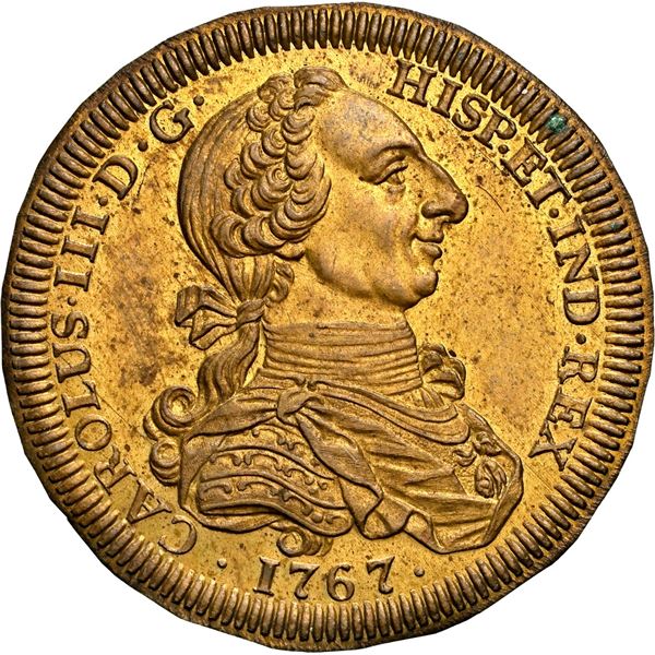 PERU, Lima, brass uniface obverse trial strike for gold bust 4 escudos, Charles III, 1767, third bus