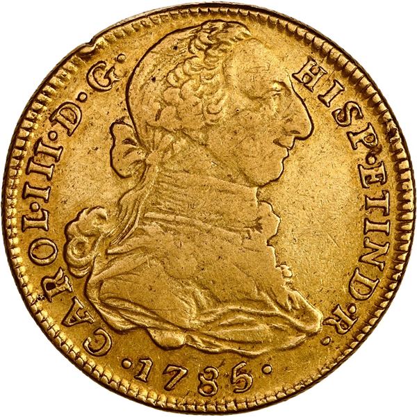 PERU, Lima, gold bust 4 escudos, Charles III, 1785 MI, rare, NGC XF details / damaged, ex-Almenara.