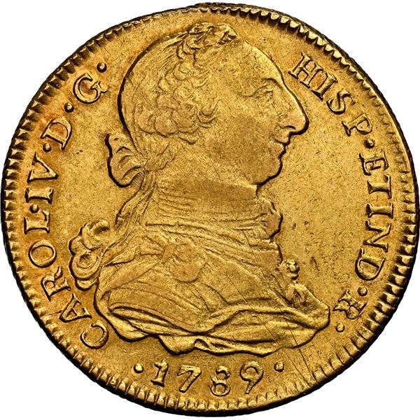 PERU, Lima, gold bust 4 escudos, Charles IV transitional (bust of Charles III, ordinal IV), 1789 IJ,