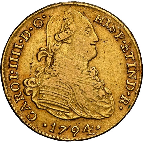 PERU, Lima, gold bust 4 escudos, Charles IV, 1794 IJ, rare, NGC XF 45, finest known in NGC census, e