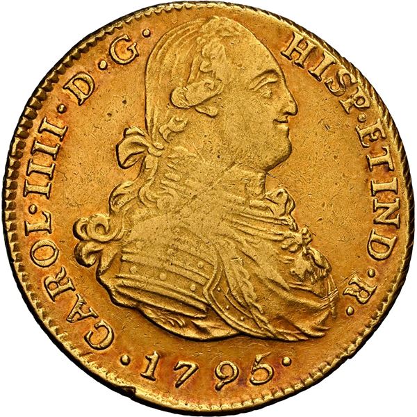 PERU, Lima, gold bust 4 escudos, Charles IV, 1795 IJ, rare, NGC AU 53, finest known in NGC census, e