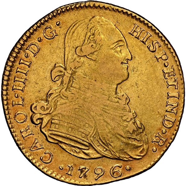 PERU, Lima, gold bust 4 escudos, Charles IV, 1796 IJ, NGC AU 50, finest and only example in NGC cens