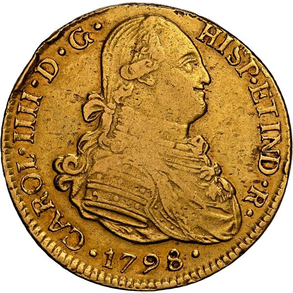 PERU, Lima, gold bust 4 escudos, Charles IV, 1798 IJ, NGC AU details / bent, finest and only example