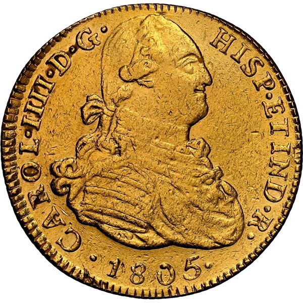 PERU, Lima, gold bust 4 escudos, Charles IV, 1805 JP, rare, NGC XF details / removed from jewelry, e