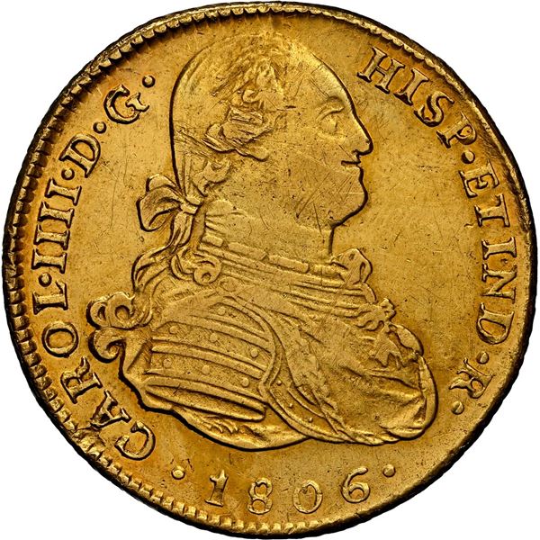 PERU, Lima, gold bust 4 escudos, Charles IV, 1806 JP, rare, NGC AU details / cleaned, ex-Almenara.