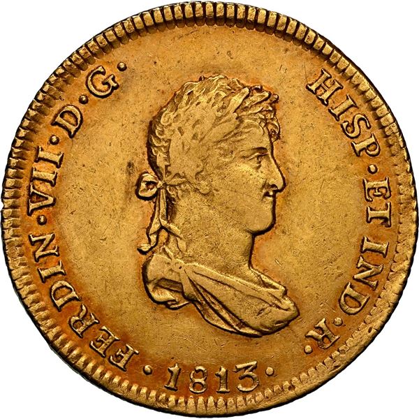 PERU, Lima, gold bust 4 escudos, Ferdinand VII, 1813 JP, small bust, rare, NGC AU details / obv scra