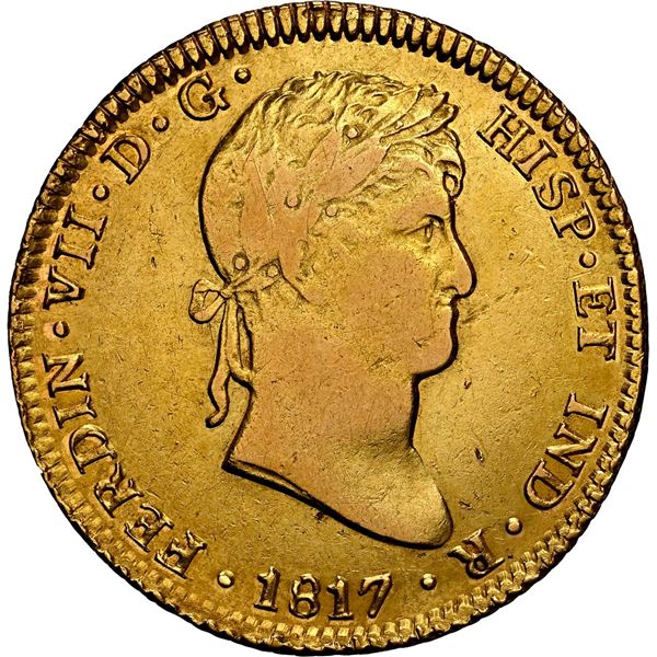 PERU, Lima, gold bust 4 escudos, Ferdinand VII, 1817 JP, NGC AU details / cleaned, ex-Almenara.