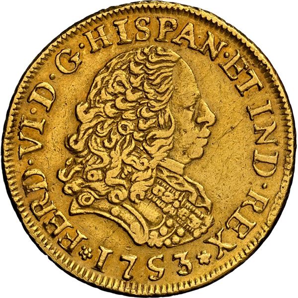 PERU, Lima, gold bust 2 escudos, Ferdinand VI, 1753 J, first bust, very rare, NGC XF details / rev s